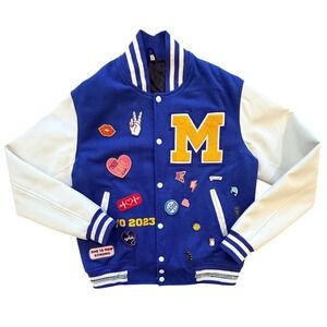 Custom Royal Blue White Varsity Letterman Jacket Rhinestone Patch Pins Women S